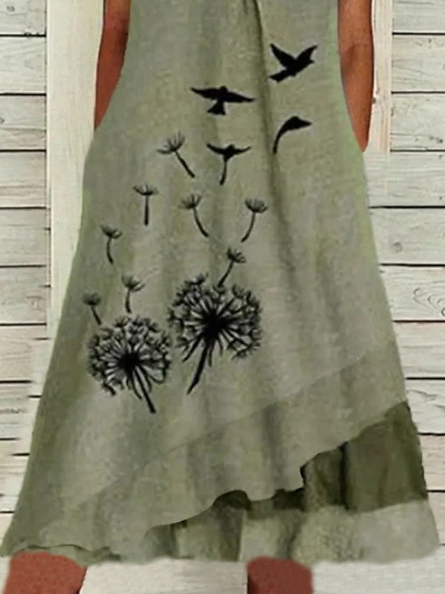 Women's Dress - Casual Dress A Line Dress Midi Dress Green Sleeveless Floral Print Summer Spring V Neck Fashion 2023 S M L XL XXL 3XL