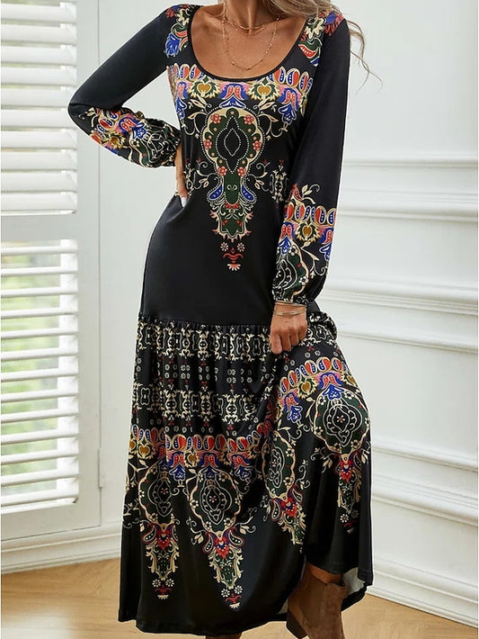 Women's Dress - Casual Dress T Shirt Dress Tee Dress Ethnic Dress Long Dress Maxi Dress Black Long Sleeve Paisley Ruched Winter Fall Spring U Neck Modern Winter Dress Daily Vacation 2023 S M L XL 2XL 3XL