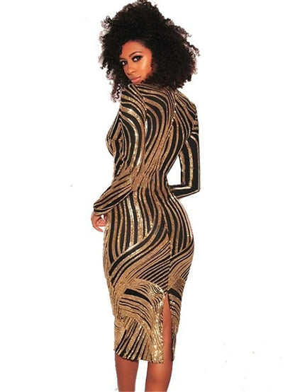 Women's Dress - Party Dress Sequin Dress Sheath Dress Knee Length Dress Gold Long Sleeve Striped Sequins Winter Fall Spring Deep V Sexy Party Winter Dress Wedding Guest 2023 S M L XL