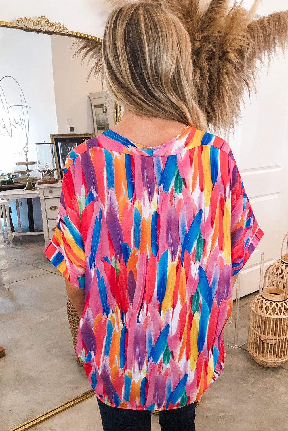 Whimsical Watercolor Feather Print V Neck Blouse