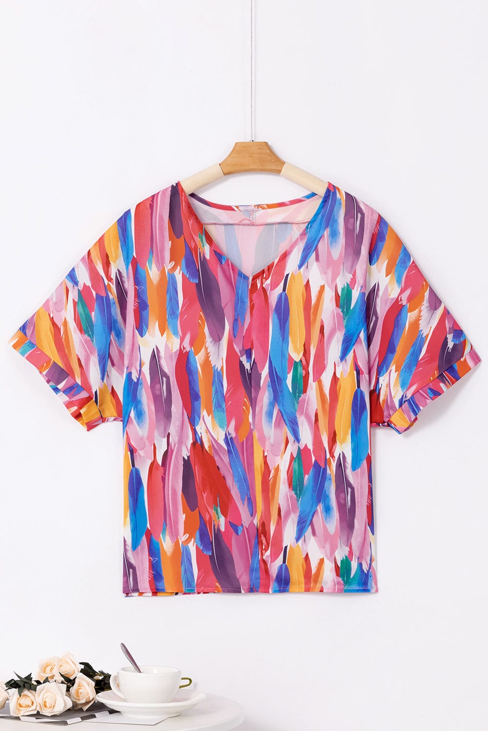 Whimsical Watercolor Feather Print V Neck Blouse