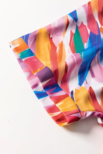 Whimsical Watercolor Feather Print V Neck Blouse