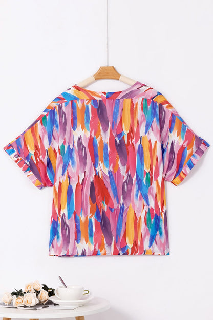 Whimsical Watercolor Feather Print V Neck Blouse
