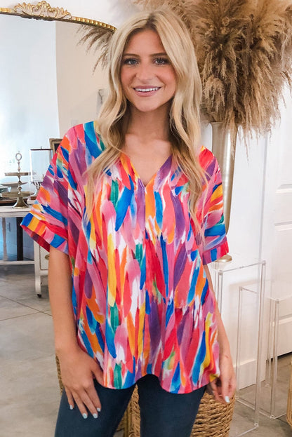 Whimsical Watercolor Feather Print V Neck Blouse