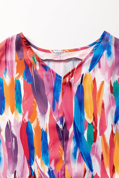 Whimsical Watercolor Feather Print V Neck Blouse