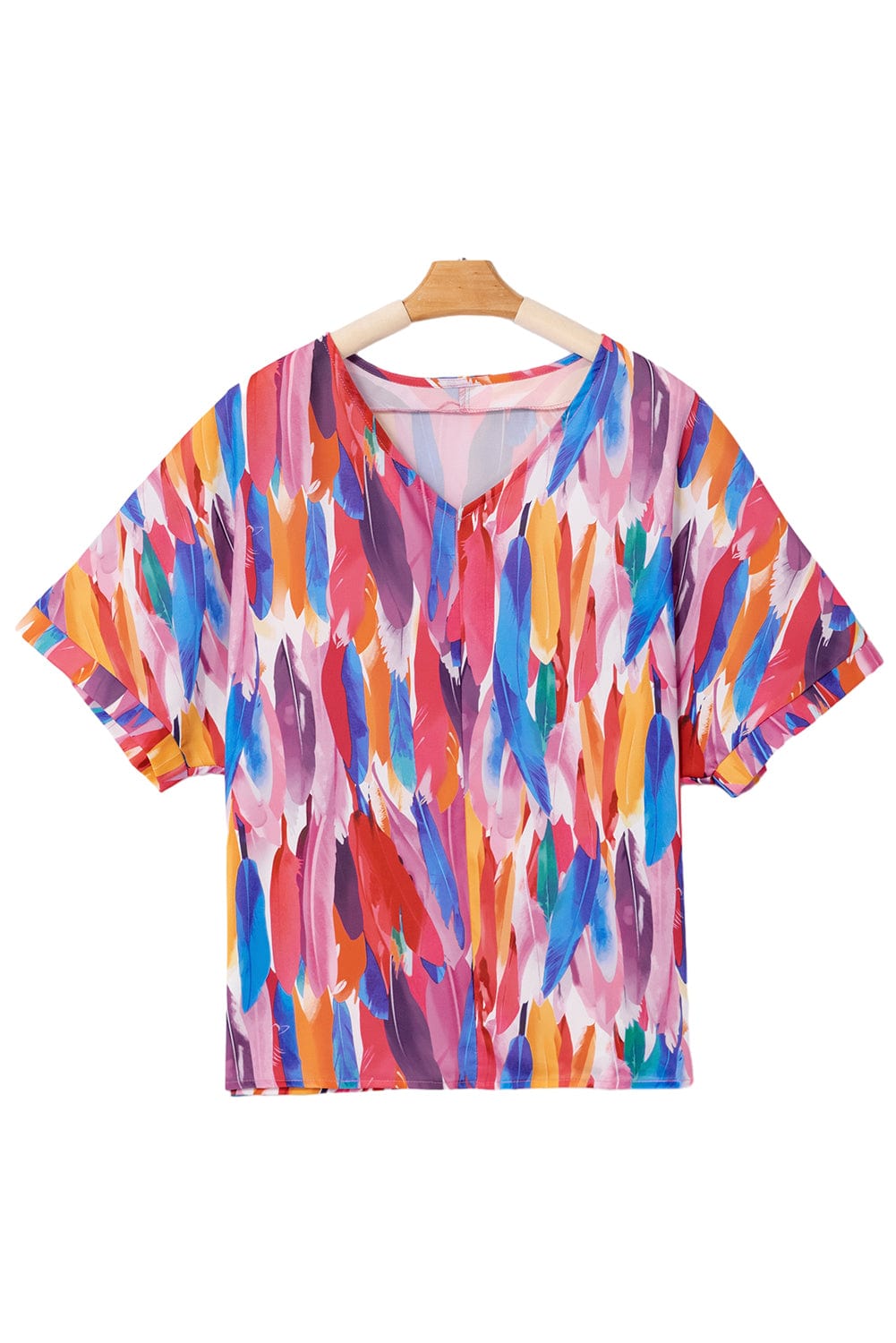 Whimsical Watercolor Feather Print V Neck Blouse