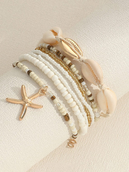 White 7pcs Bohemian Shell Starfish Beaded Bracelets