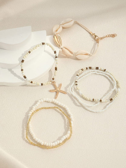 White 7pcs Bohemian Shell Starfish Beaded Bracelets