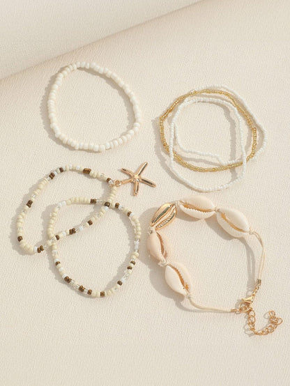 White 7pcs Bohemian Shell Starfish Beaded Bracelets