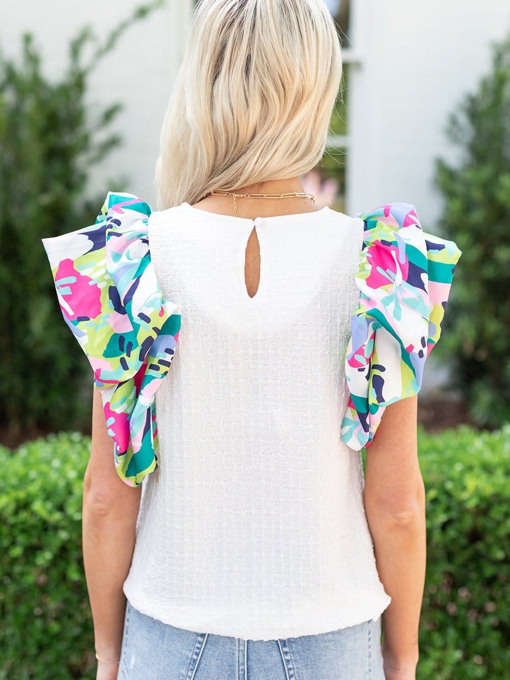 White Abstract Textured Puff Sleeve Statement Top