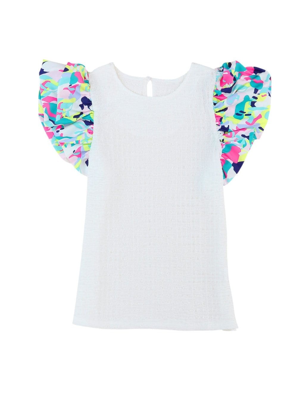 White Abstract Textured Puff Sleeve Statement Top