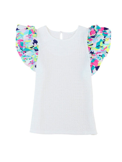 White Abstract Textured Puff Sleeve Statement Top