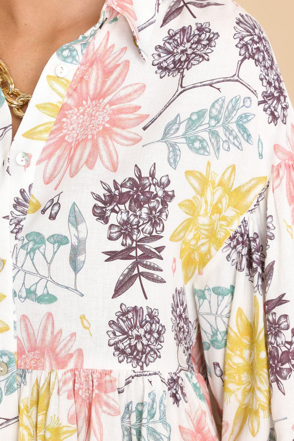 White Blossom Collared Neck Bubble Sleeve Day Dress