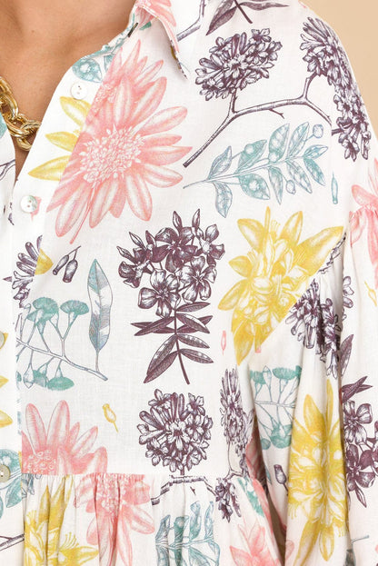 White Blossom Collared Neck Bubble Sleeve Day Dress