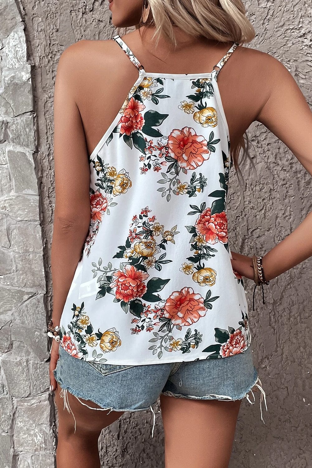 White Blossom Lace V-Neck Tank Top with Floral Print
