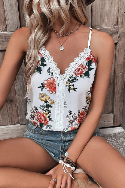 White Blossom Lace V-Neck Tank Top with Floral Print