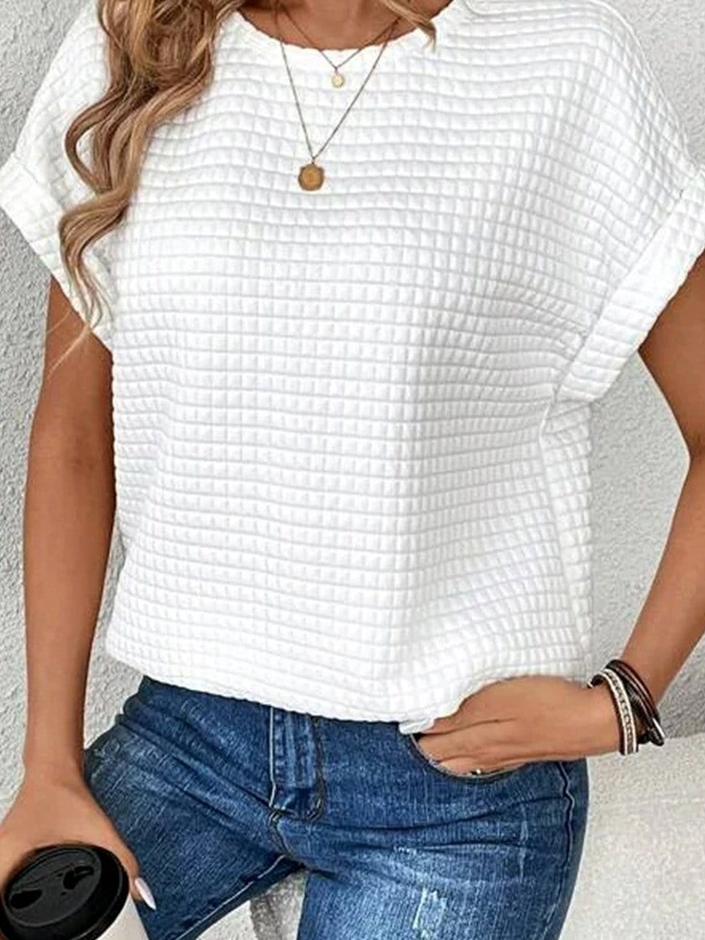 White Checkered Textured Bat Sleeve T Shirt - Casual and Chic Women's Tee