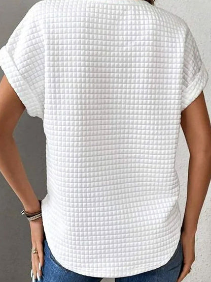 White Checkered Textured Bat Sleeve T Shirt - Casual and Chic Women's Tee