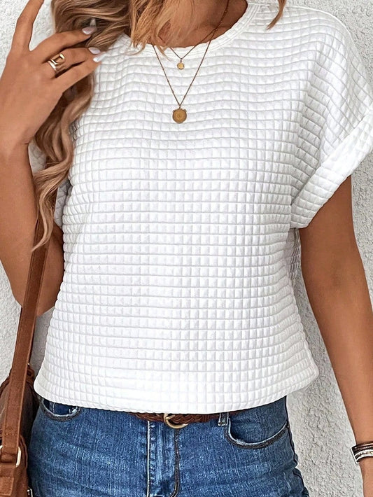 White Checkered Textured Bat Sleeve T Shirt - Casual and Chic Women's Tee