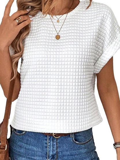 White Checkered Textured Bat Sleeve T Shirt - Casual and Chic Women's Tee