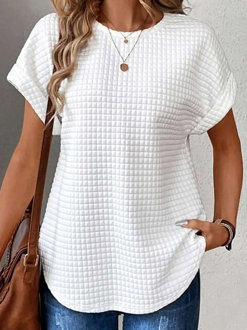 White Checkered Textured Bat Sleeve T Shirt - Casual and Chic Women's Tee