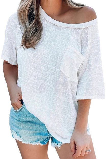 White Chic Exposed Seam Loose Fit Tee with Pocket