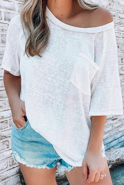 White Chic Exposed Seam Loose Fit Tee with Pocket