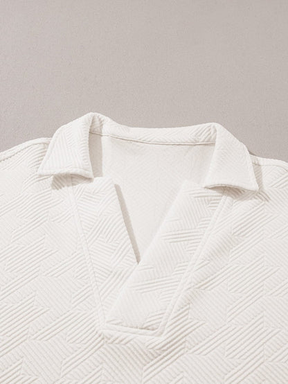 White Collared V Neck Textured Top with Short Sleeves