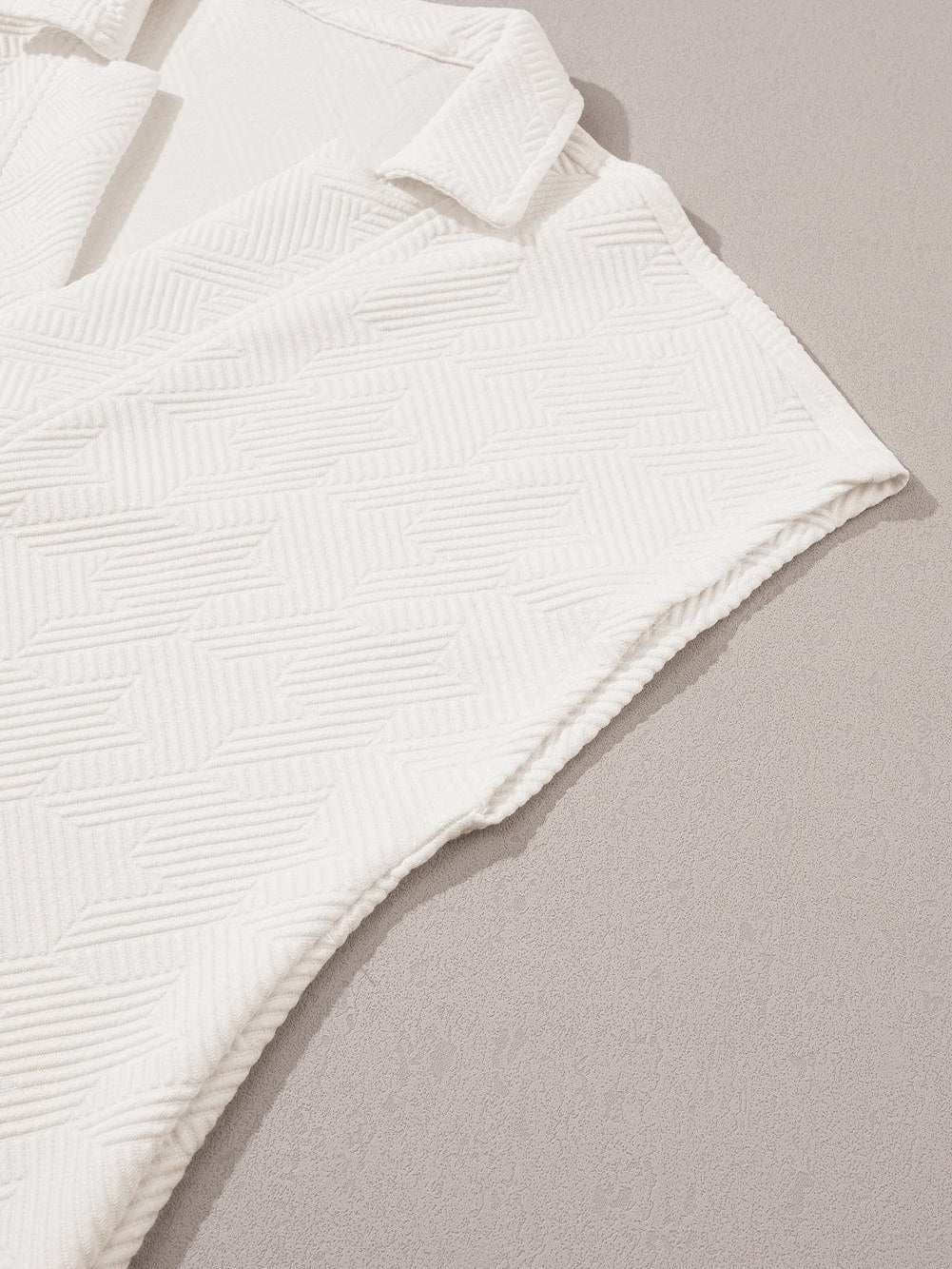 White Collared V Neck Textured Top with Short Sleeves