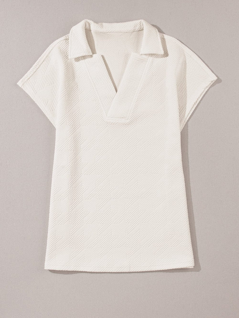 White Collared V Neck Textured Top with Short Sleeves