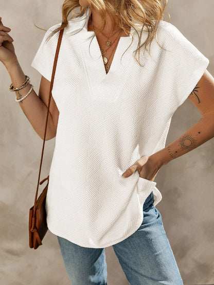 White Collared V Neck Textured Top with Short Sleeves