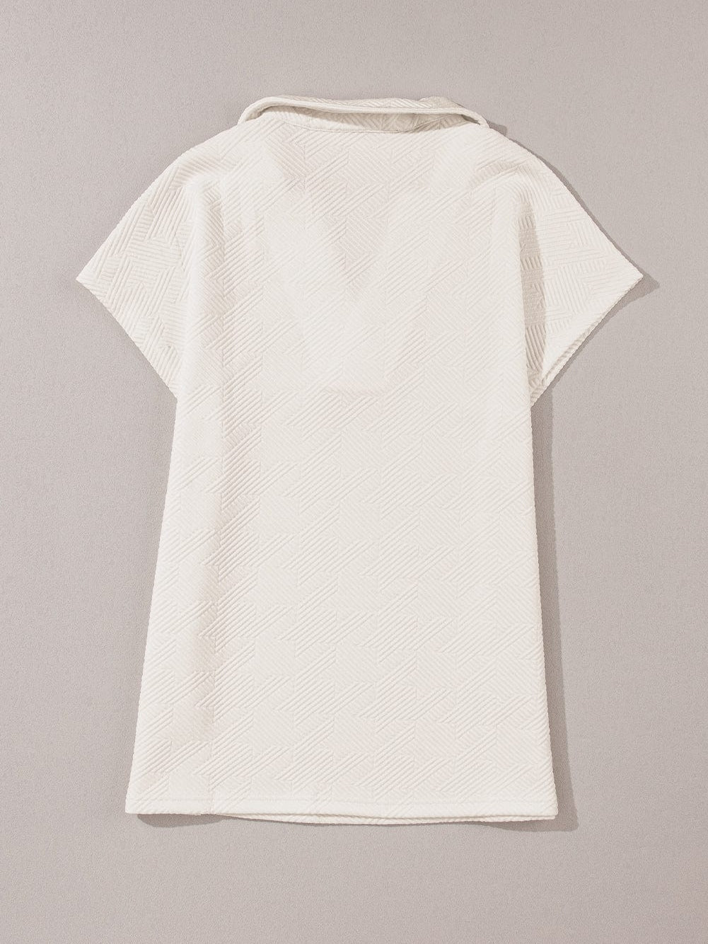 White Collared V Neck Textured Top with Short Sleeves
