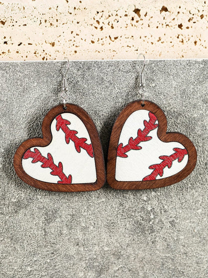 White Contrast Edge Heart Shape Baseball Print Earrings