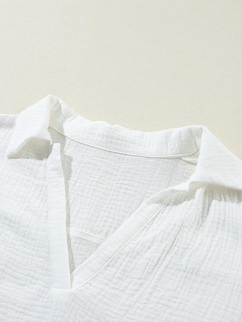 White Crinkle Textured Lace Detail V Neck Blouse