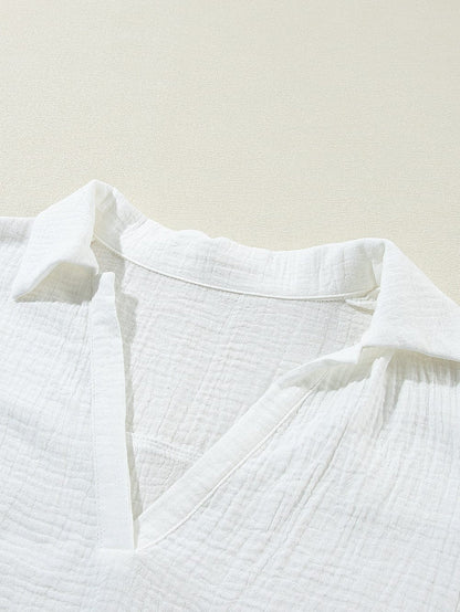 White Crinkle Textured Lace Detail V Neck Blouse