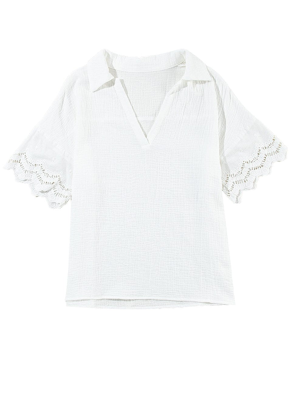 White Crinkle Textured Lace Detail V Neck Blouse