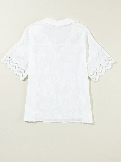 White Crinkle Textured Lace Detail V Neck Blouse