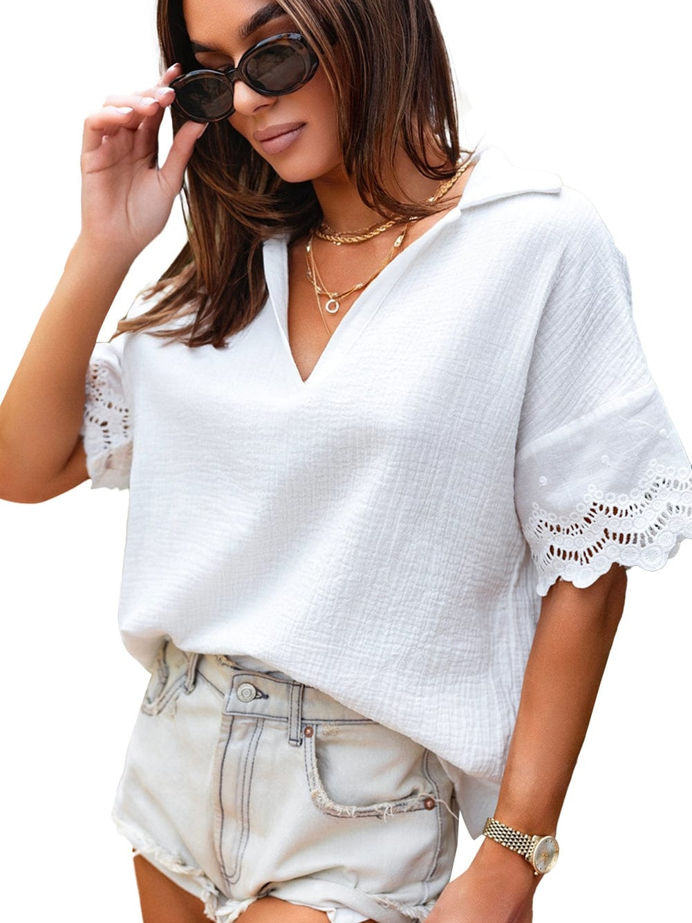 White Crinkle Textured Lace Detail V Neck Blouse