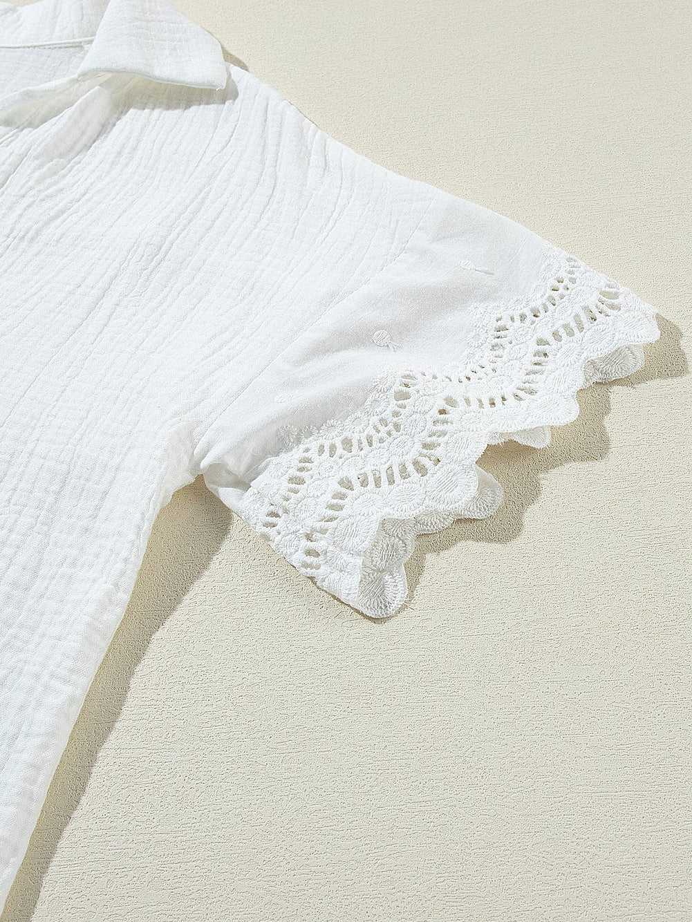 White Crinkle Textured Lace Detail V Neck Blouse