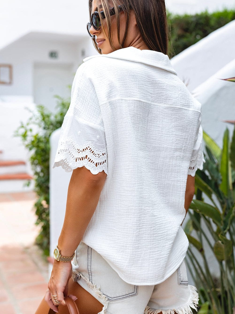 White Crinkle Textured Lace Detail V Neck Blouse