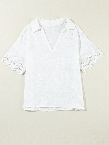 White Crinkle Textured Lace Detail V Neck Blouse