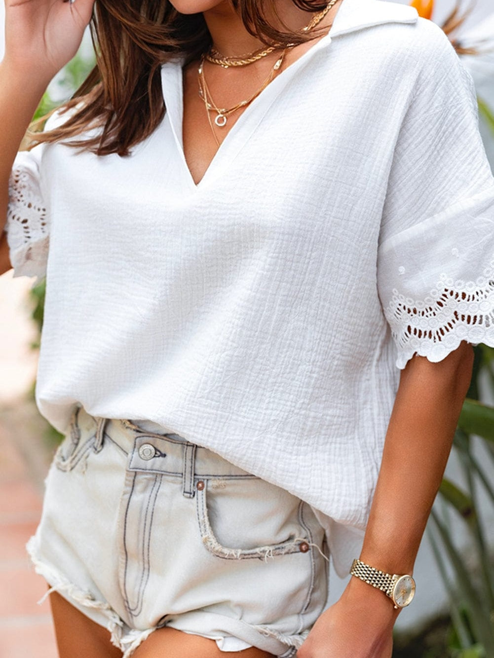 White Crinkle Textured Lace Detail V Neck Blouse