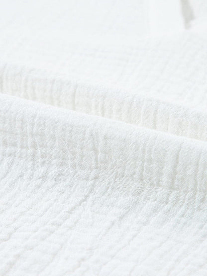 White Crinkle Textured Lace Detail V Neck Blouse