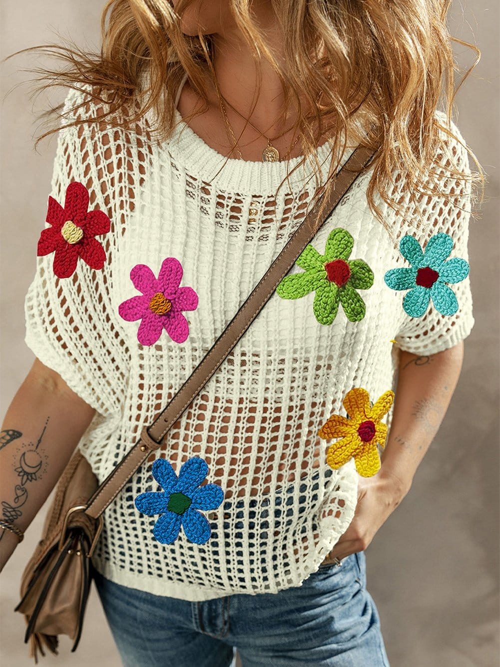 White Crochet Floral Hollow-out Summer Sweater Tee