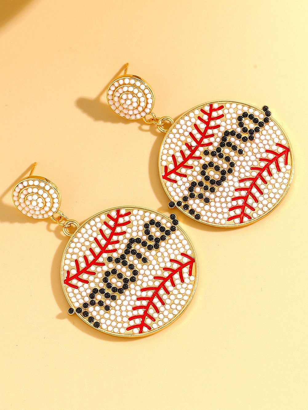 White Crystal mama Beaded Baseball Shape Earrings
