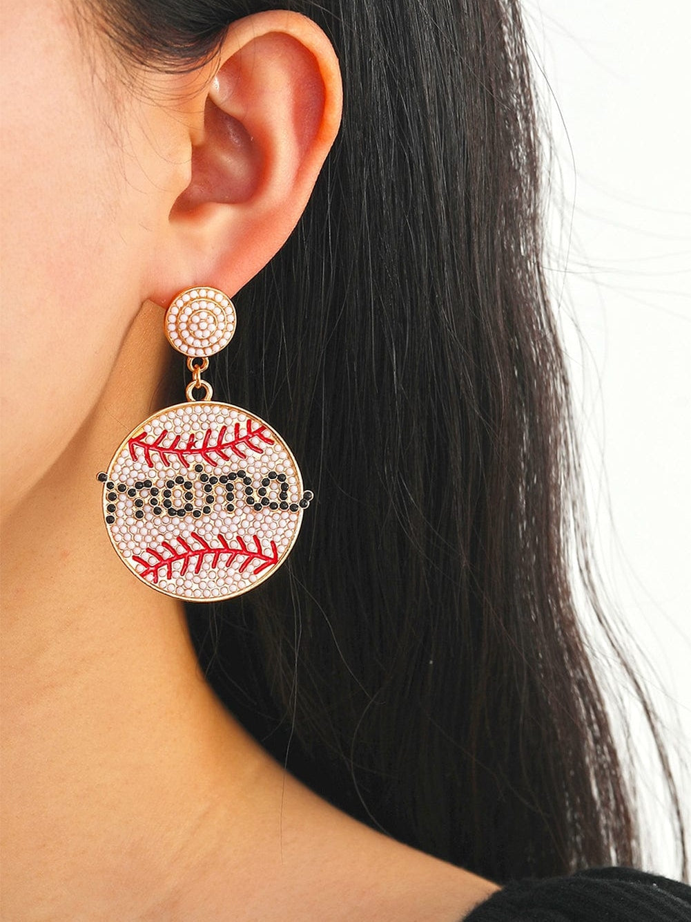 White Crystal mama Beaded Baseball Shape Earrings