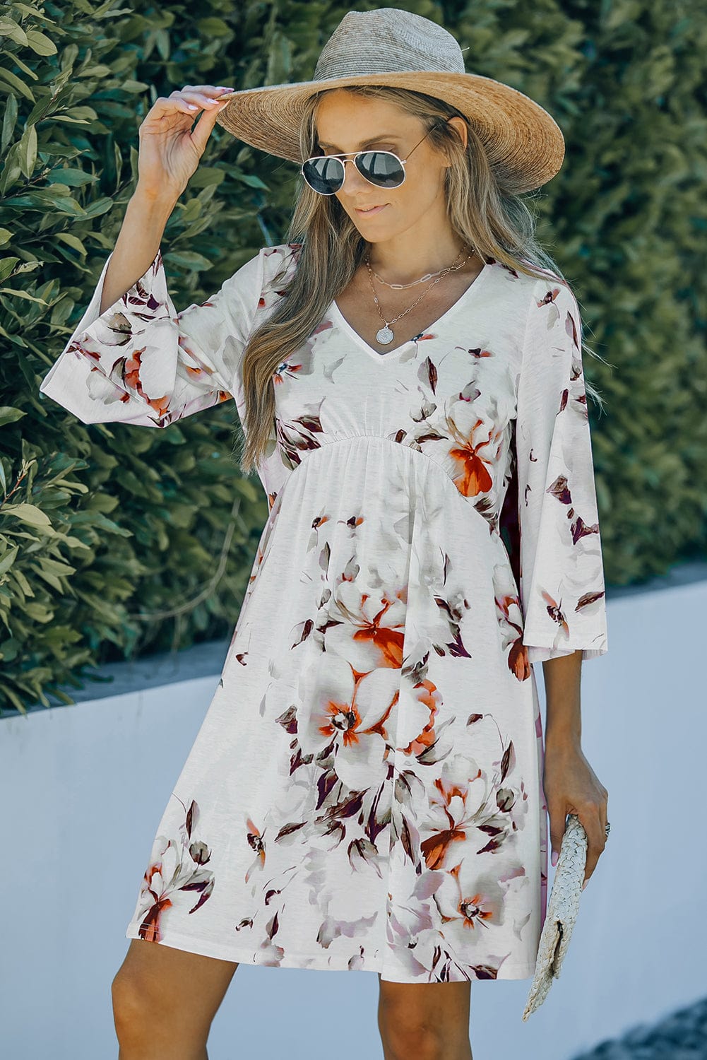 White Empire Waist Summer Floral Dress with Bell Sleeves