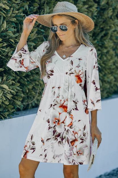 White Empire Waist Summer Floral Dress with Bell Sleeves