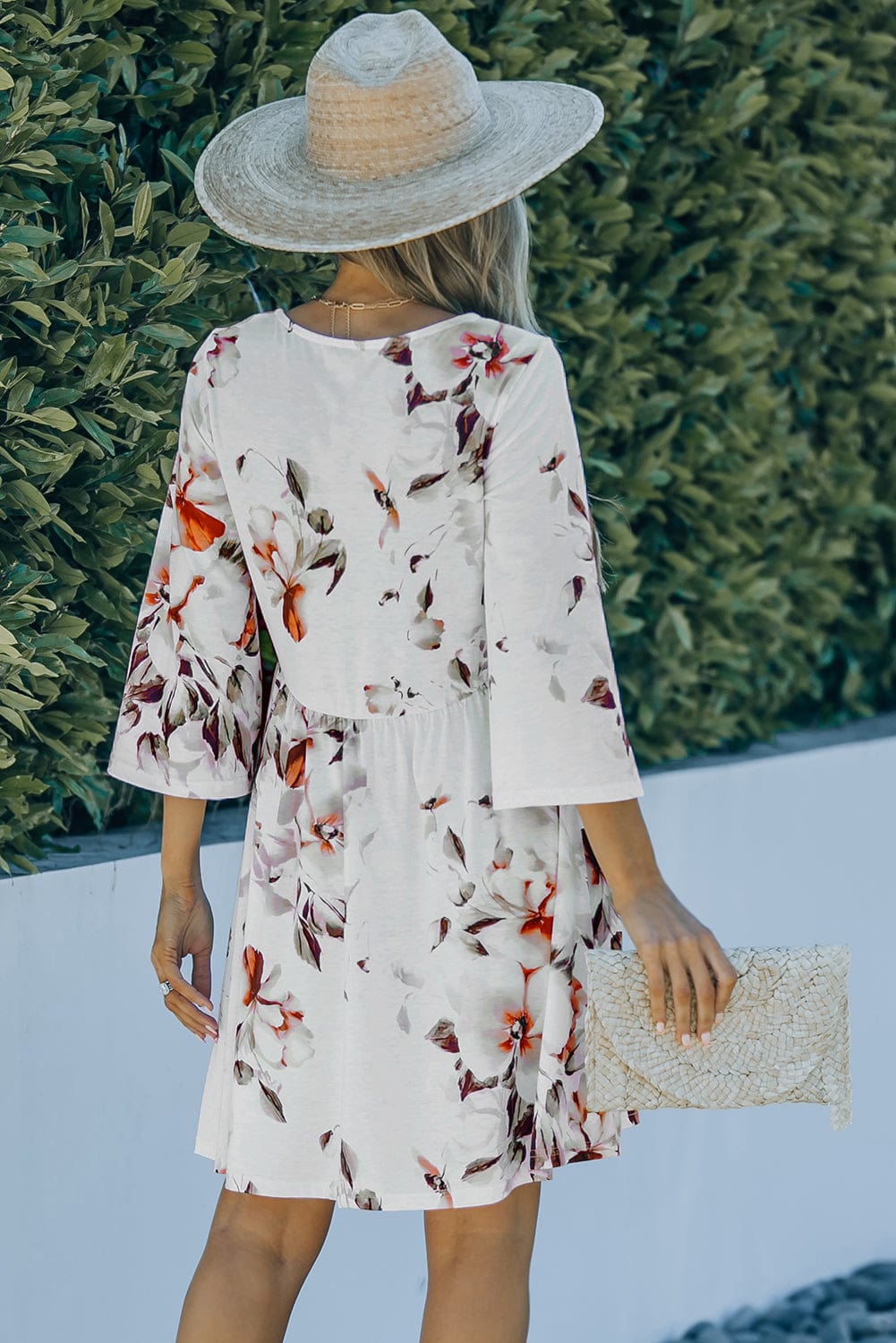 White Empire Waist Summer Floral Dress with Bell Sleeves