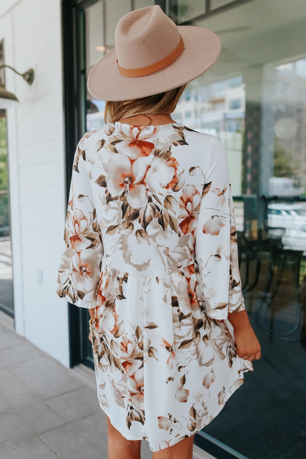 White Empire Waist Summer Floral Dress with Bell Sleeves